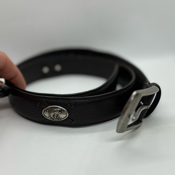 Mens Columbia Dark Brown Leather Belt Silver Fish Embellishments Size 36 - Picture 2 of 10